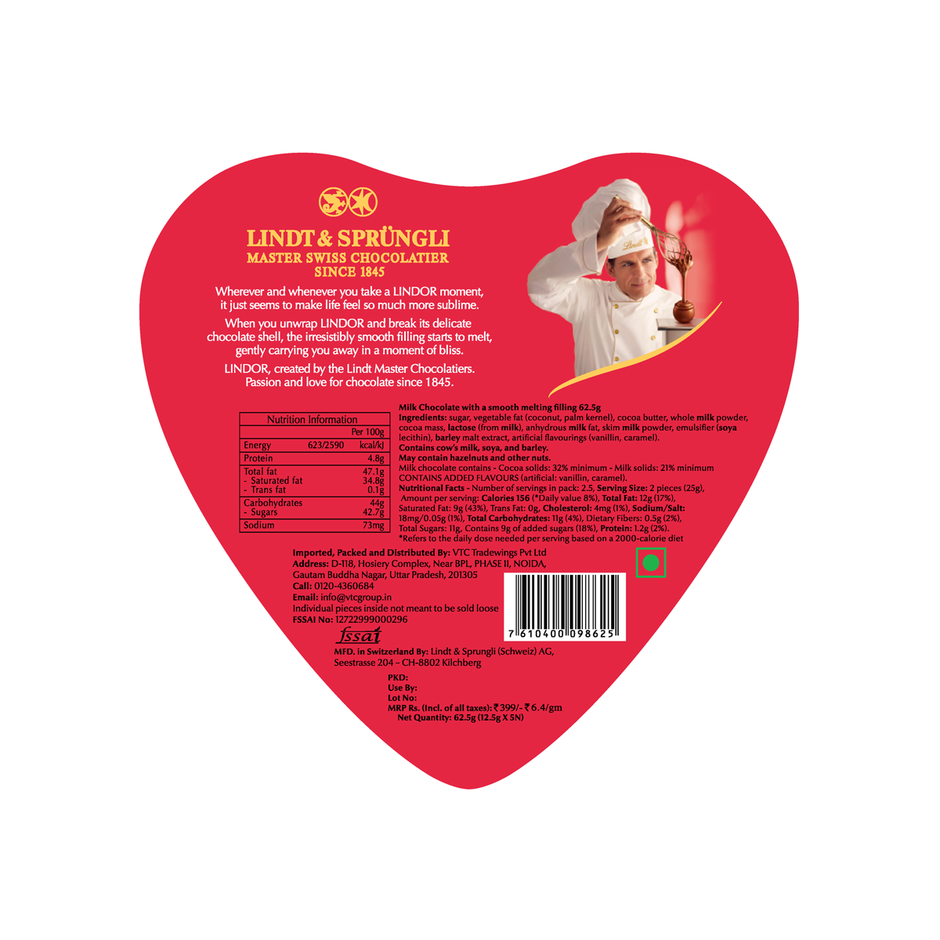 Lindt Heart Tin Chocolate(62.5gms) & Bella Vita Organic Unisex Luxury Perfume Gift Set(80ml) Combo 