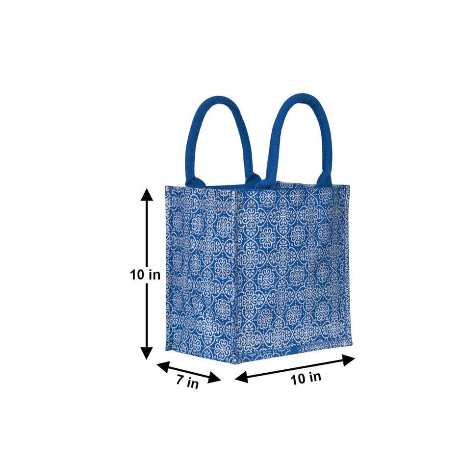Jute Cottage Carry Bag - Mughal Print Zipper Lunch Bag | Eco-friendly | Blue | 10 x 10 x 7