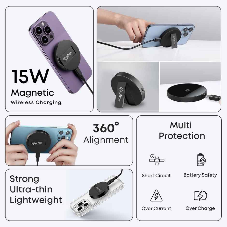 pTron Dynamo Ring V2 15W Magnetic Wireless Charger For Iphone | Samsung & Qi2 Devices - Black