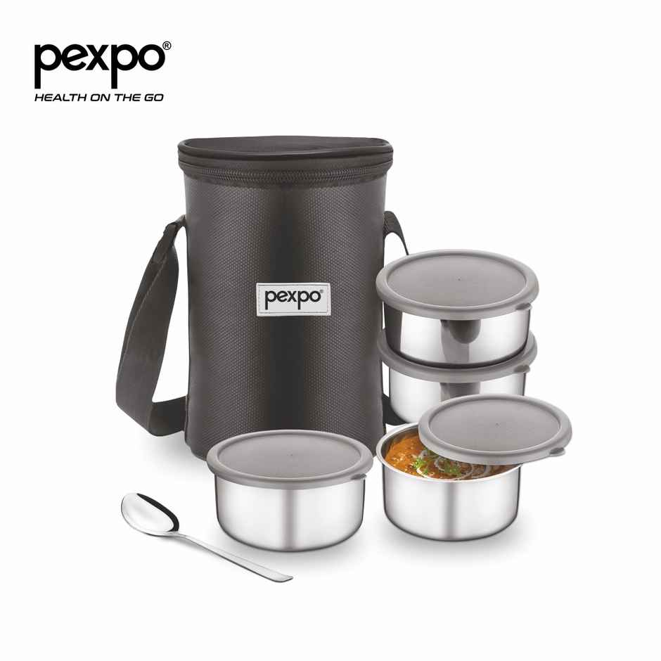 Pexpo Stainless Steel Lunch Box With 4 Air-Tight Containers, 1 Spoon & Bag, Eco Pro 4