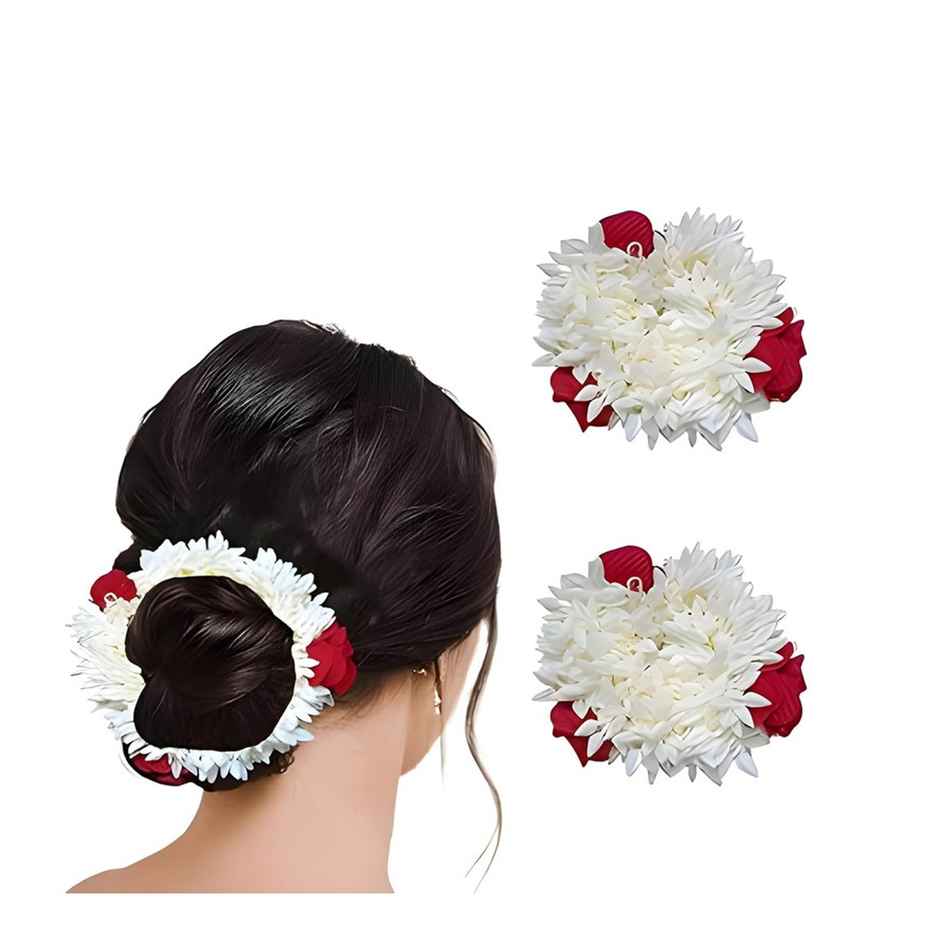 Chronex 2 Pc Set Mogra White and Red Gajra Hair AccesBAUies Gajra Rubber Bands For Weddings