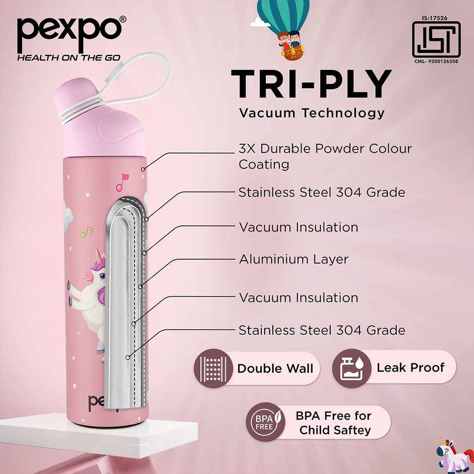 Pexpo Stainless Steel Pico Cute Sipper Hot & Cold Water Bottle | Unicorn UV Printed | Pink | 500 ml