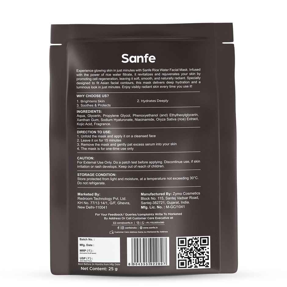 Sanfe Rice Water Facial Mask Korean Sheet Mask For Brightening & Hydrating Skin