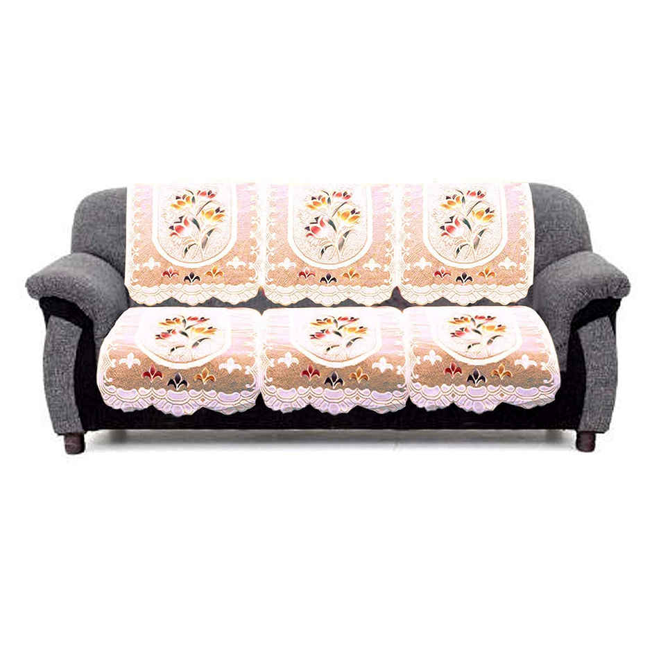 Kuber Industries Pack of 6 Cotton Flower Print 5 Seater Sofa Cover Set | Cream