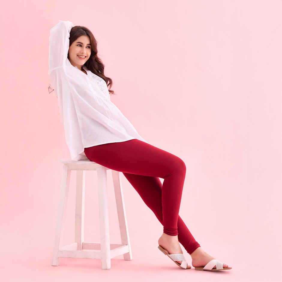 Go Colors Women's Solid Mid Rise Ankle Length Leggings | Bright Red - L