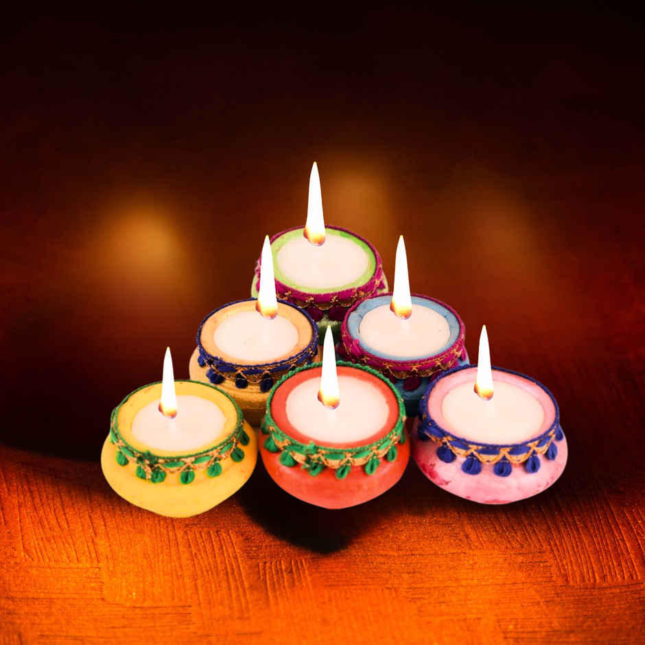 Festive Earthen Matki Diyas Set | Multicolour | Pack Of 6 | Traditional | Mitti Diya-Pooja | Clay | Walton