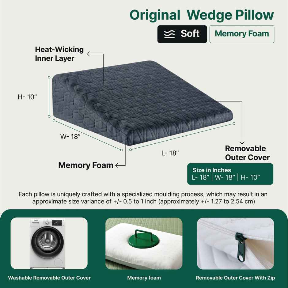 The White Willow Original Wedge Pillow For Bed | Orthopedic Memory Foam Cushion - 18 x 18 x 10 Inch