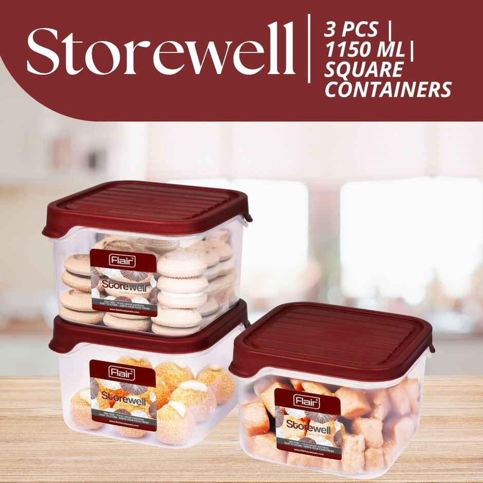 Flair Plastic Storewell Square Food Storage Containers 1150Ml - Set Of 3, (Maroon), Food Grade