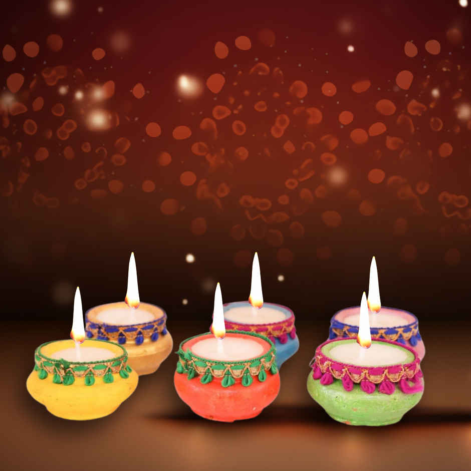 Festive Earthen Matki Diyas Set | Multicolour | Pack Of 6 | Traditional | Mitti Diya-Pooja | Clay | Walton