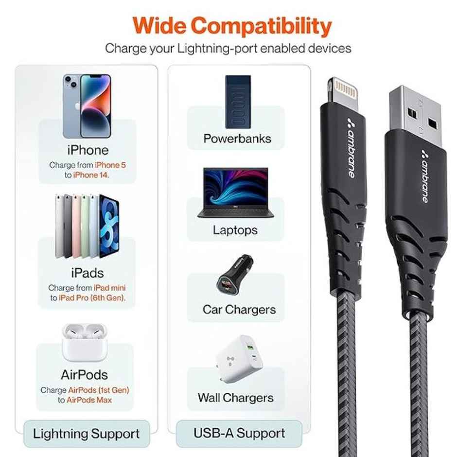 Ambrane RCL -15 USB To Lightning 3A Fast Charging Braided Lightning Cable Compatible For iPhone 14,13, 12,11, X, 8, 7, 6, 5, Ipad, Macbook, Imac, Airpods, 480Mbps Data Sync, 1.5Meter Long - Black