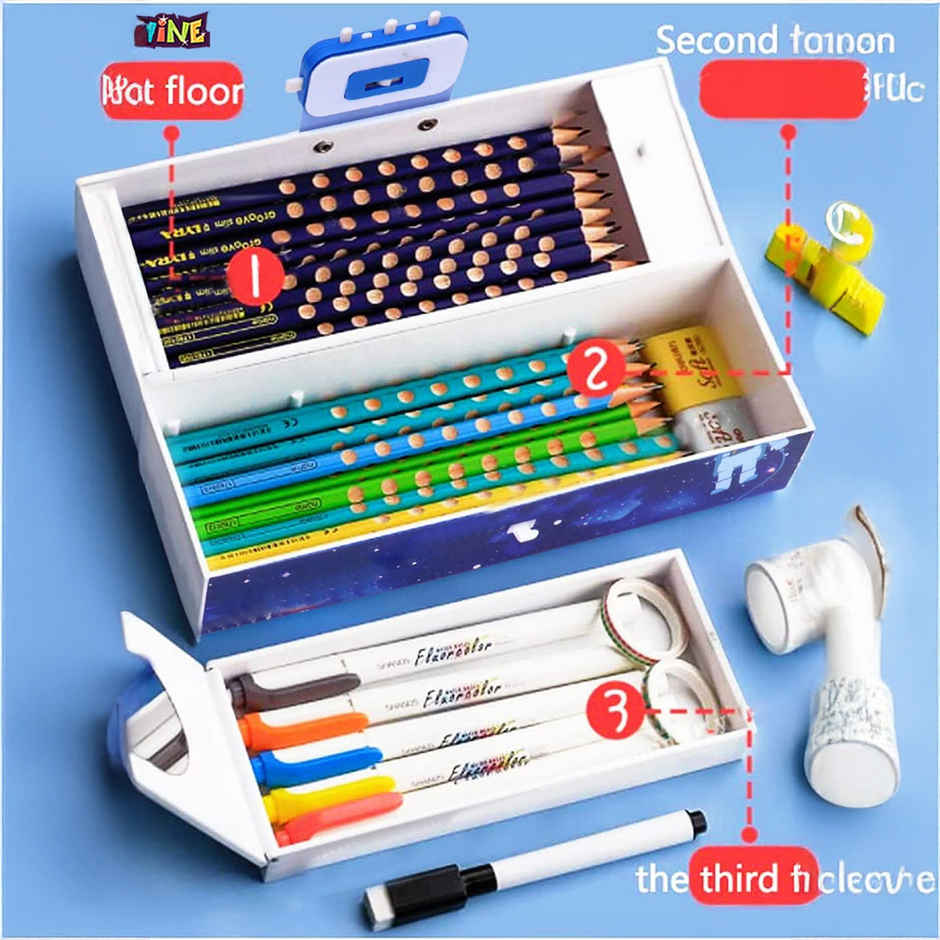 Toyshine Pencil Box with Code Lock Pen Case | Large Capacity | Multi-layer | Space Blue