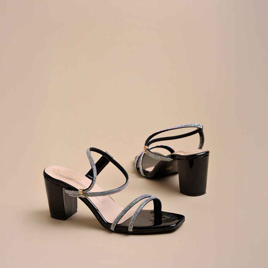 Shoetopia Women's Embellished Rhinestones Strap Heels | Heel-1246 | Black - UK 3