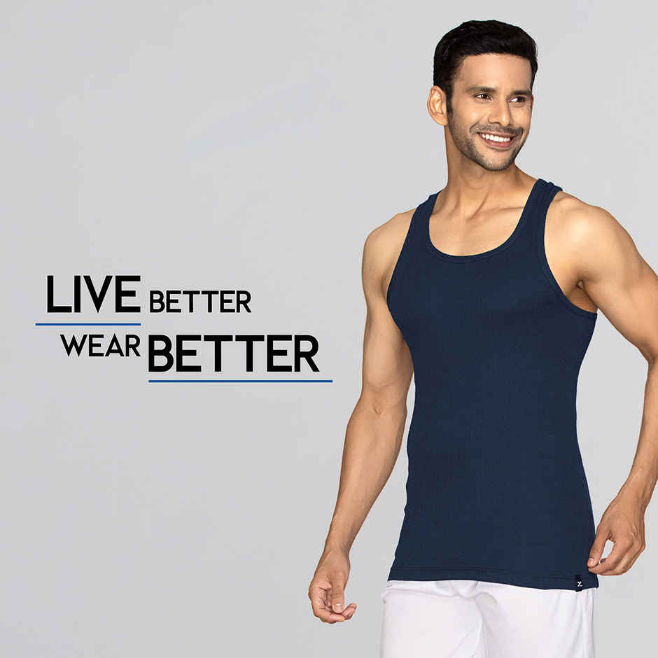 XYXX Men's Cotton Solid Ribbed Round Neck Vest, Pack of 2 , Black Iris & Olive| XL