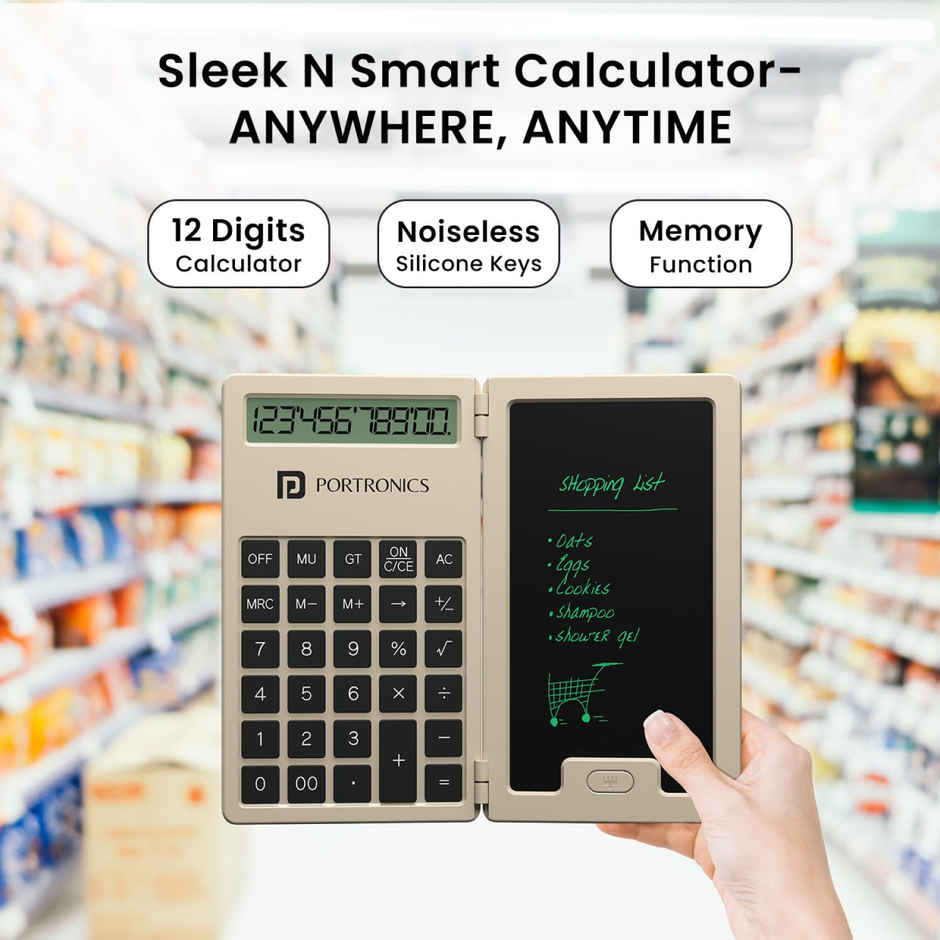 Portronics Ruffpad Calc Mini 2 In 1 Lcd Writing Pad With Digital Calculator - Grey