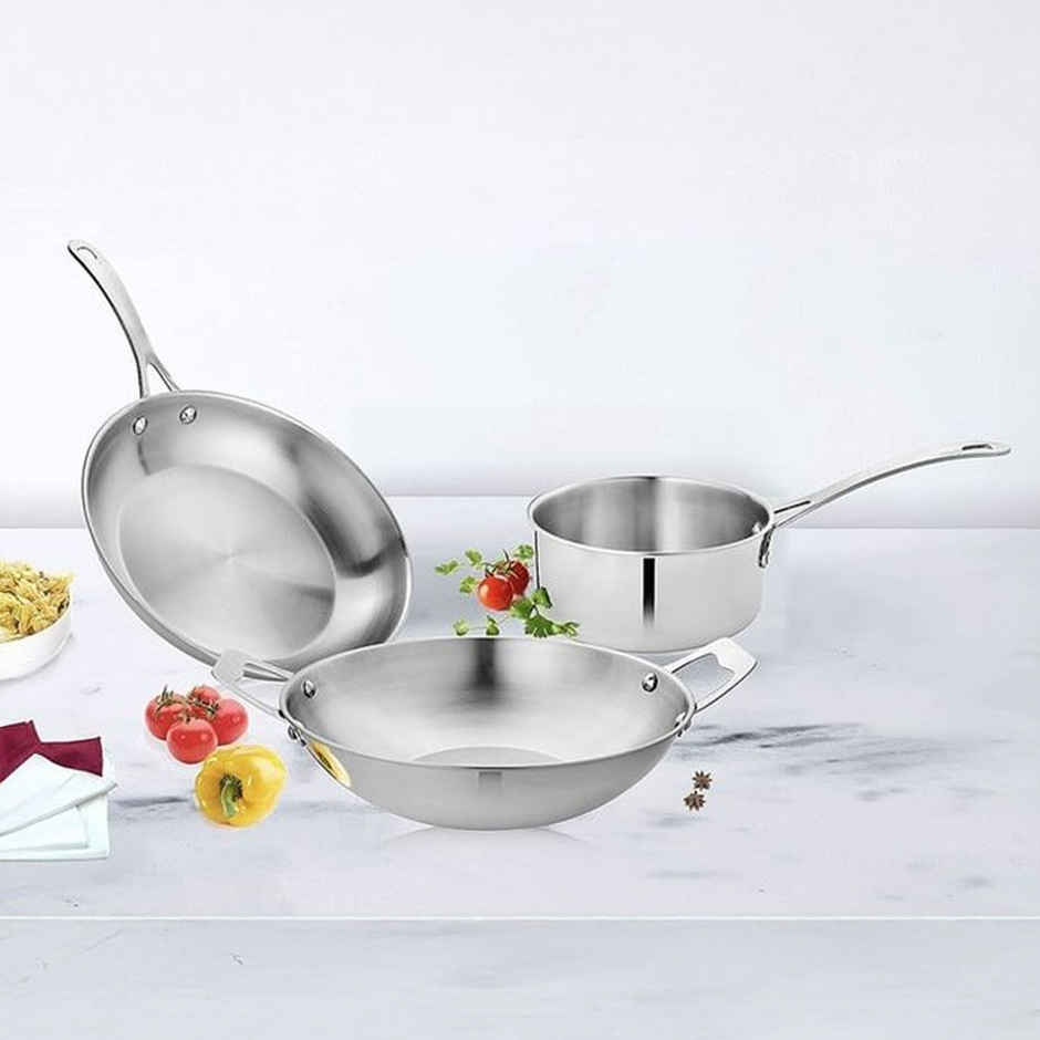 Vinayak Cookware Set (Kadai - 2600 ml Sauce Pan - 1000 ml Fry Pan - 1380 ml, Stainless Steel)