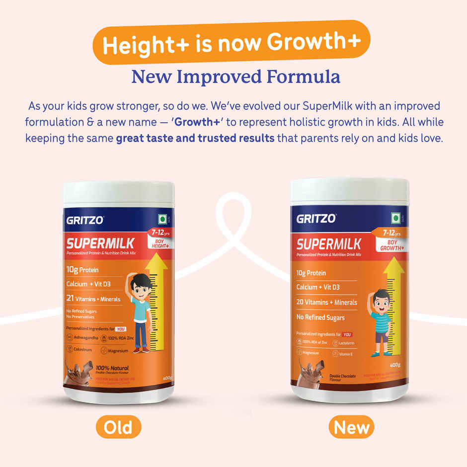 Gritzo Supermilk Growth+ (Formerly Height+) (7-12 Yrs Boys) |Double Chocolate, 12 Scoops