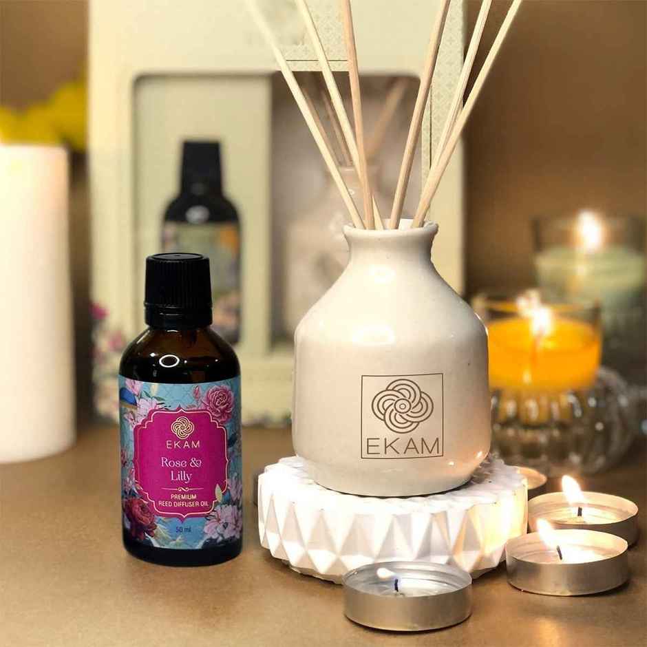 EKAM Reed Diffuser Gift Set| Festive Collection| 435 g | Rose & Lily | Luxury Home Fragrance