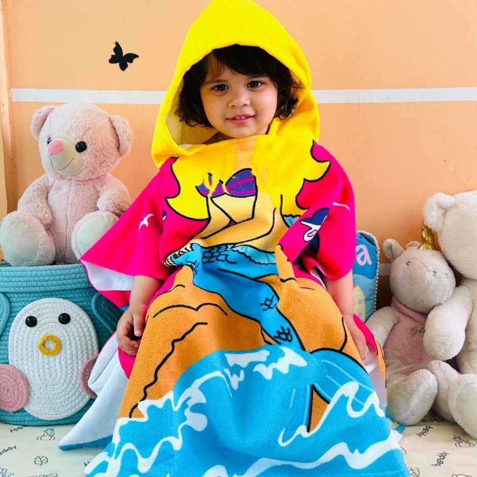 Famyo Hooded Poncho Towel, Pink Mermaid Design for Kids - 1 to 7 Years, 60 x 60 cm