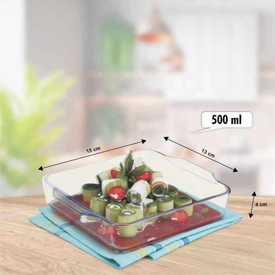 Signoraware Bake N Serve Square Dish | 500 ml | Clear | Glass Baking Dish, Oven Safe Dish