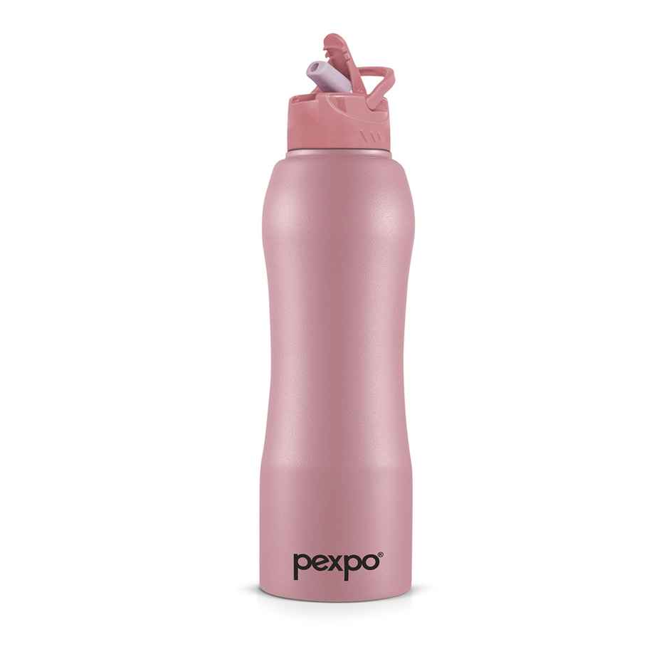 Pexpo Stainless Steel Belly Water Bottle With Straw Lid Sipper Cap Easy Grip | Rose Gold | 1 L