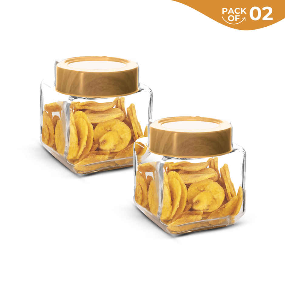 YERA GLASSWARE Premium Woody Airtight Storage Jar Set with Wooden See Through Lids - 595 ml