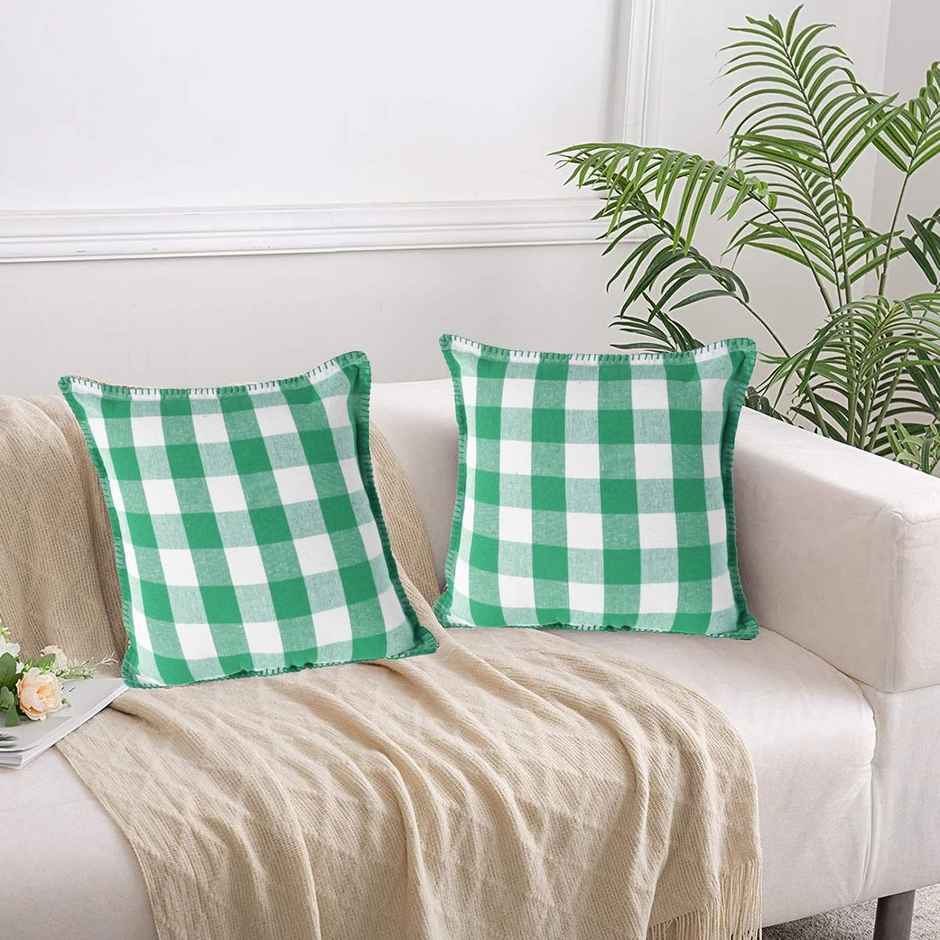 Lushomes Cotton Cushion Covers - Green and White Checks | 16 x 16 inch