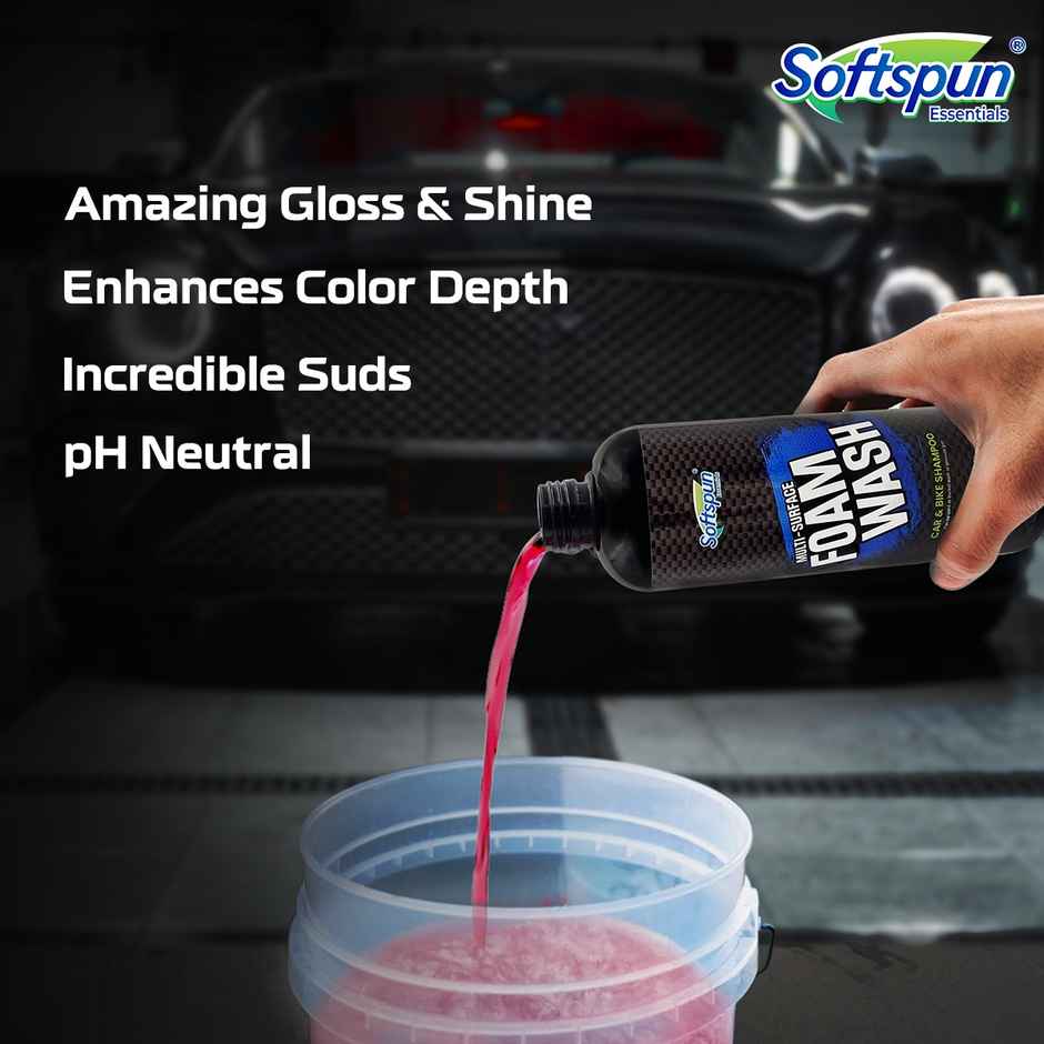 Softspun Essentials Cloth & Shampoo Cleaning Combo (40x40 cm, 400 GSM, 2pc Yellow/Grey & Shampoo 500mL)