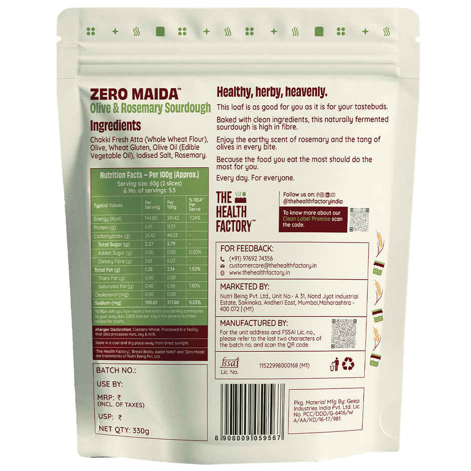 The Health Factory Olive & Rosemary Sourdough | Zero Maida | No Added Sugar | No Added Yeast