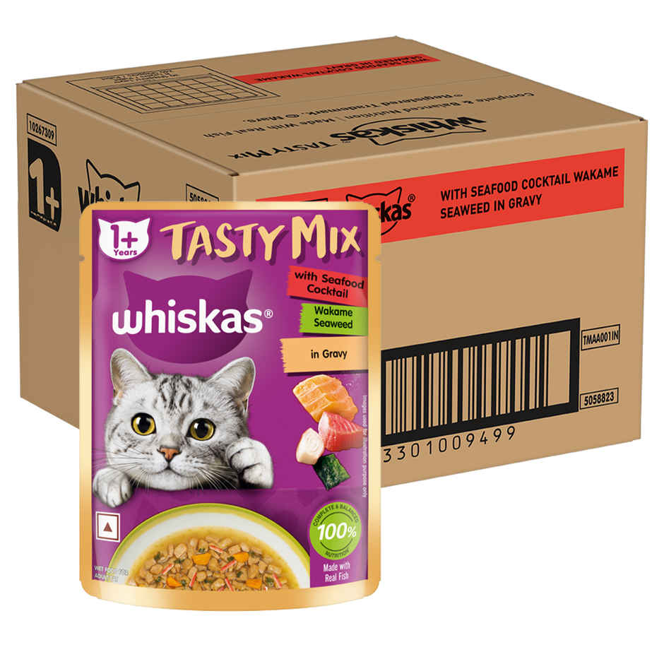 Whiskas Tasty Mix Adult Wet Cat Food, Seafood Cocktail Wakame Seaweed in Gravy