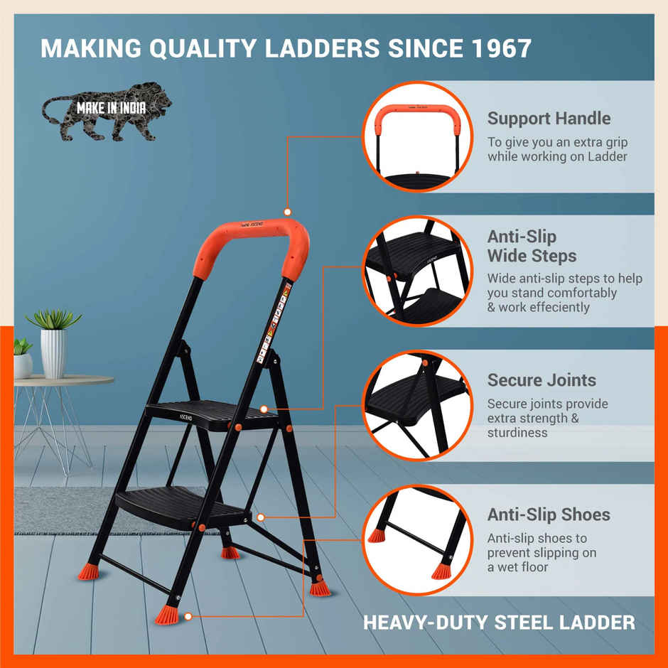 Bathla 2-Step Steel Ladder | Safety Hand Grip, Wide Anti-Slip Steps | Ascend | Orange & Black