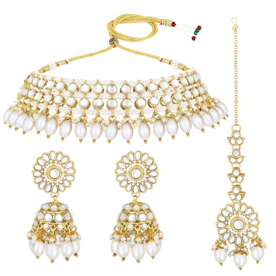Peora Gold Plated White Kundan Choker Necklace with Jhumki Earrings & Maang Tikka Ethnic Jewelry