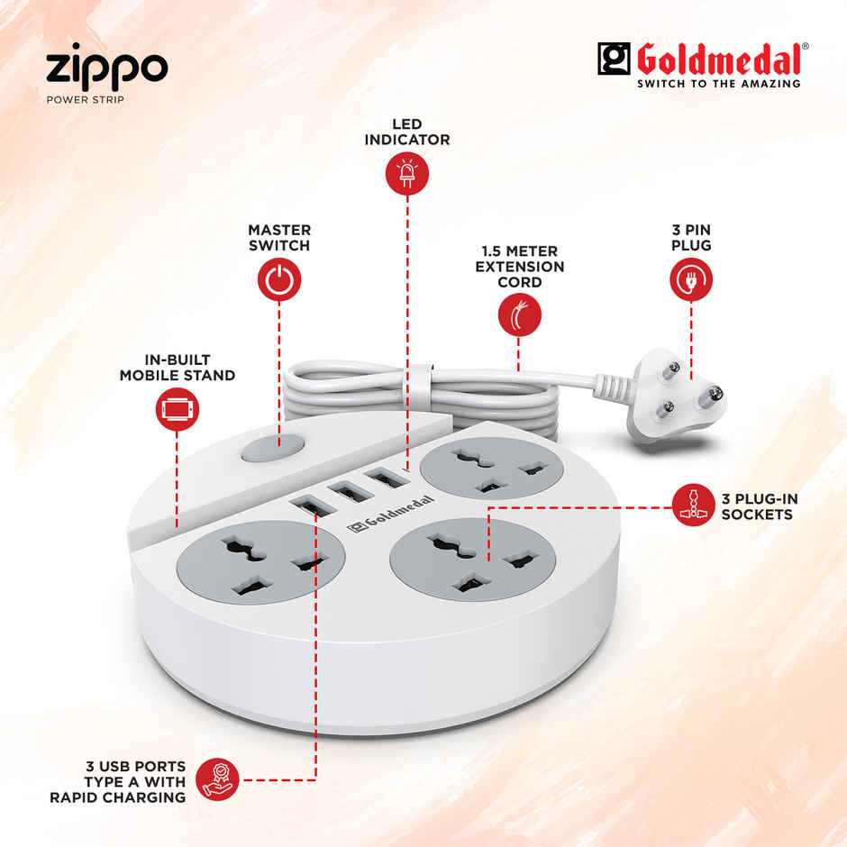 Goldmedal Zippo 1.5-Meter Extension Cord | 3 USB Charging Ports & Mobile Holder