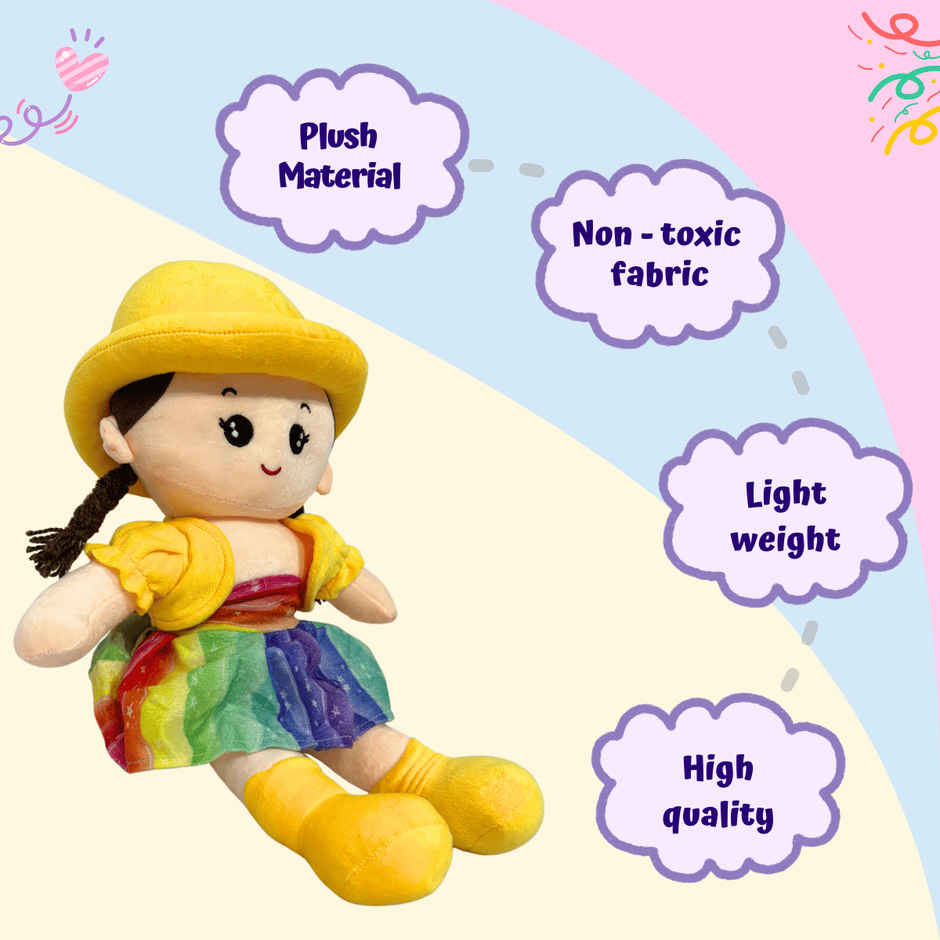 Toytales Soft Toy Doll With Yellow Hat & Rainbow Dress 45 cm | Plushie For Girls Kids | Plush Toy