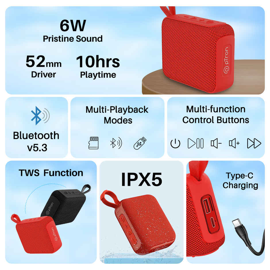 pTron Funk Wow 6W Mini Bluetooth Speaker with 10 Hrs Playtime & IPX5 Water Resistant | Red