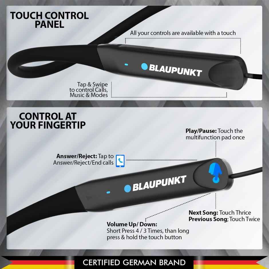 Blaupunkt Be120 Touch Wireless Neckband With Multi-Touch Control,40H Playtime (Black, In The Ear)