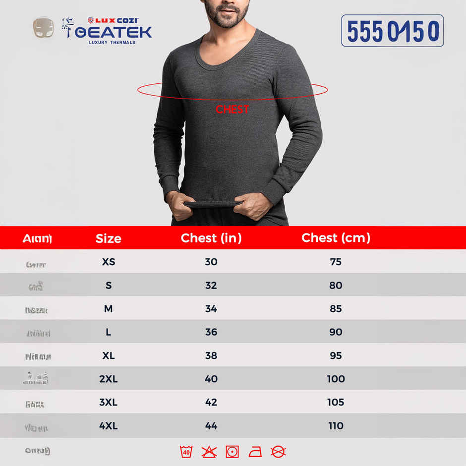 Lux Cozi Men's Heatek Thermal Comfort, Stretchable & Super Warm Round Neck Top | Black Melange-85