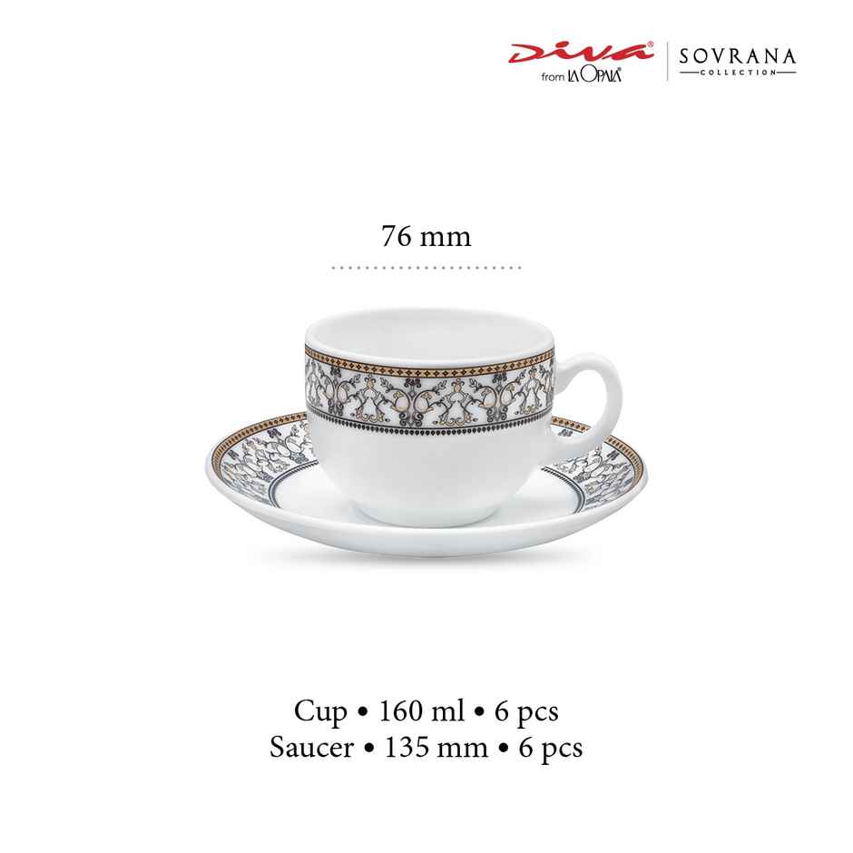 La Opala Diva Sovrana Cup & Saucer 160 ml Set of 12 Moroccan Gold Opal Glass Cups for Tea, White