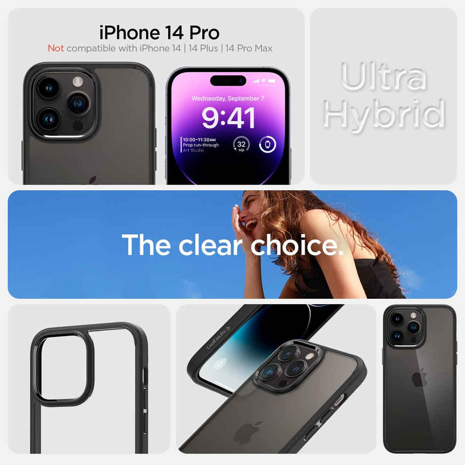 Spigen Ultra Hybrid Back Cover Case Compatible with iPhone 14 Pro(TPU +Poly Carbonate | Matte Black)