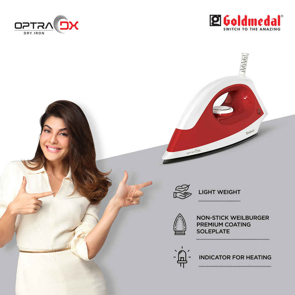 Goldmedal Optra DX 1000W Dry Iron, Non stick Weilburger Premium Coated Soleplate | Red & White