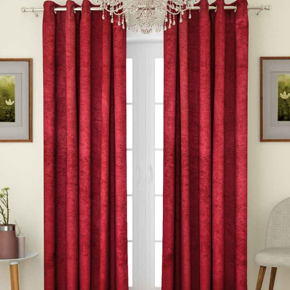 Romee Velvet Fabric Semi-Transparent Eyelet Plain Curtains for Door 7 Feet Set of 2 | Maroon