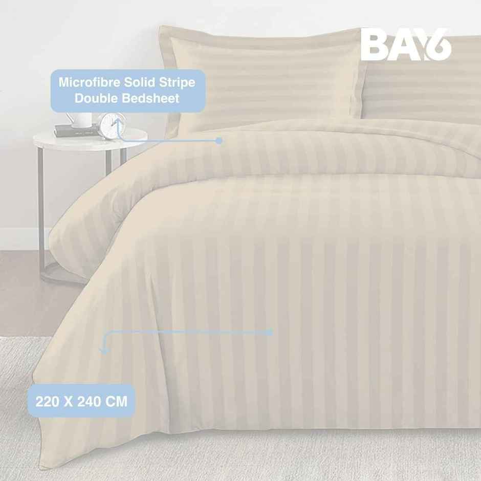 BAY6 Double Microfibre Solid Stripe Bedsheet | With 2 Pillow Covers | Beige | 87 x 94 in