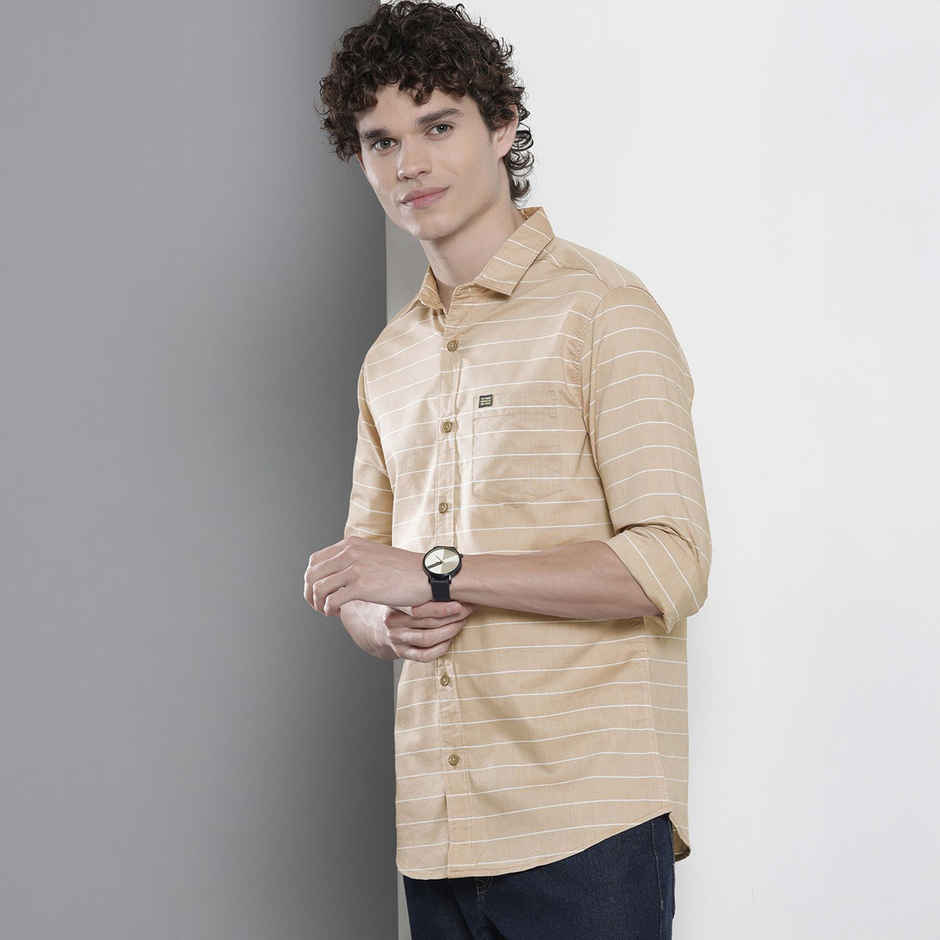 The Indian Garage Co Men's Slim Fit Striped Casual Shirt | Khaki - XL