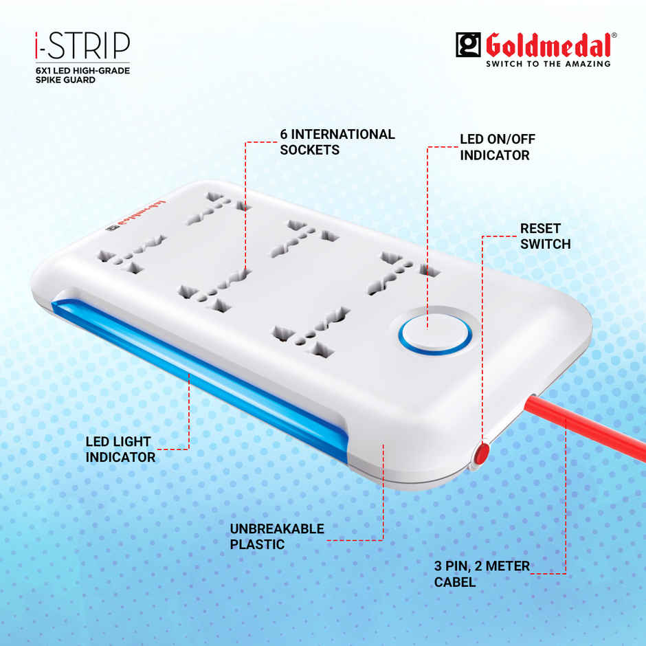 Goldmedal I-Strip 6x1 Led Spike Guard With Surge Protector | 2m Extension Cord | White
