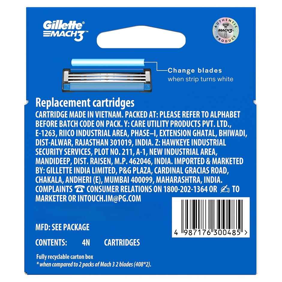 Gillette Mach 3 Mens Shaving Razor Blades For Men (4 Cartridges)