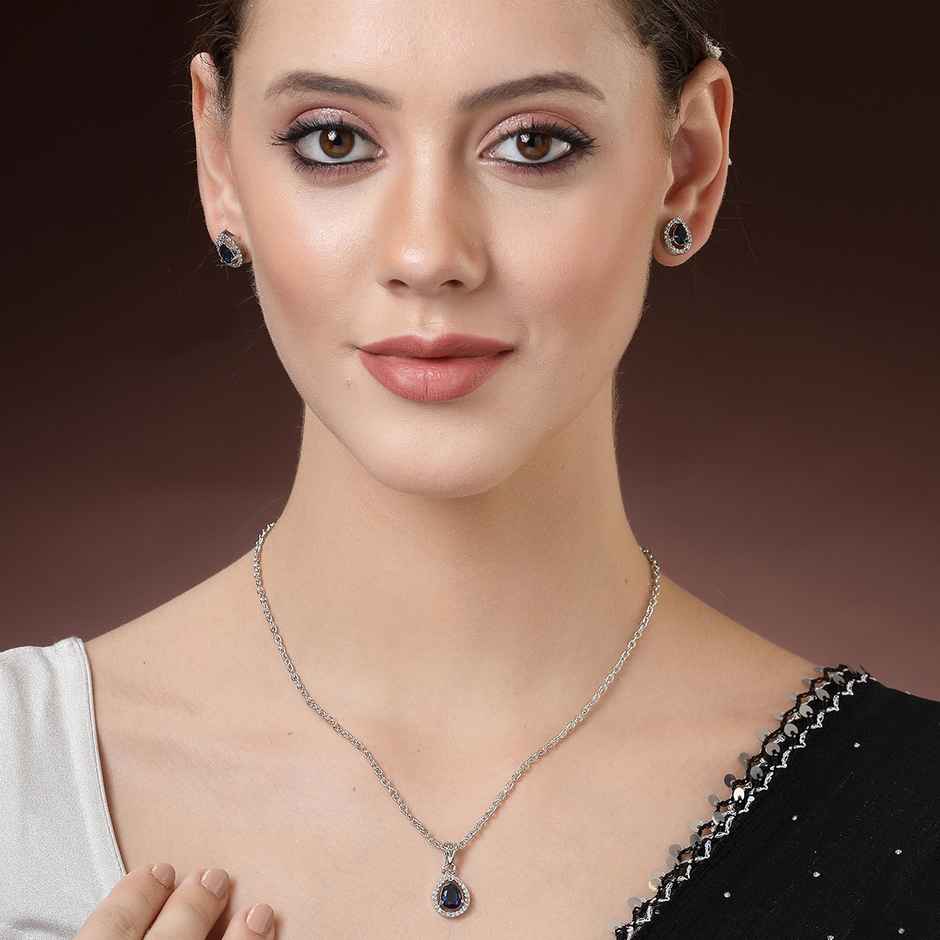 Zeneme Rhodium-Plated AD Studded Tear Drop Shaped Necklace and Earrings For Women & Girls