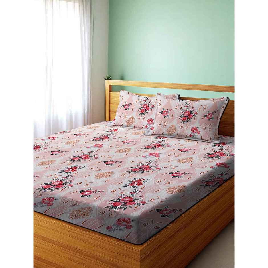 Dream Living Double Microspread Floral 135 Gsm Bedsheet | With 2 Pillow Covers | Beige | 94x87in
