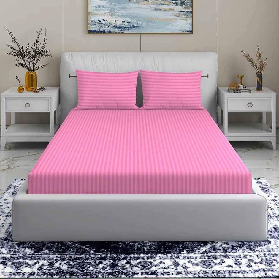 Homeharmony Plain Pink Lining Double Bedsheet | With 2 Pillow Covers | Pink | 87 x 98 in