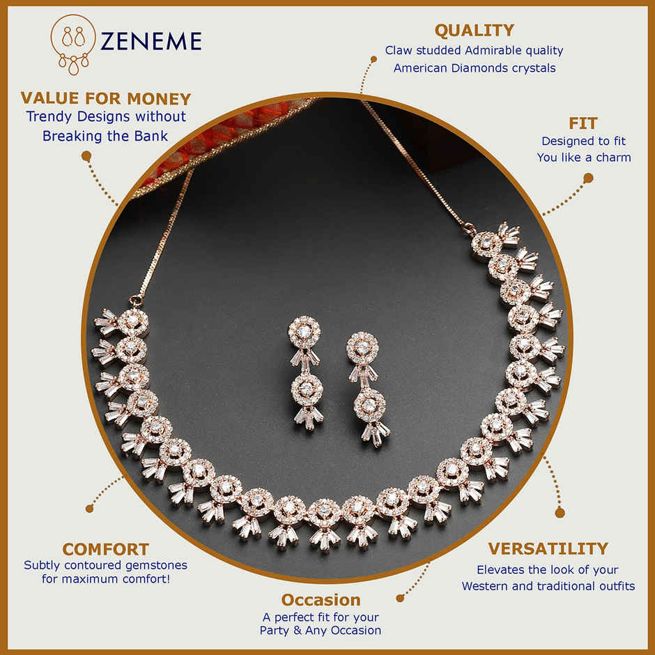 Zeneme American Diamond Studded Necklace With Earring Detailing Jewellery Set For Women & Girls