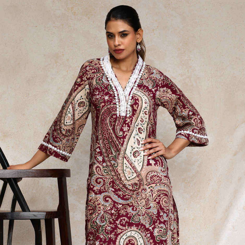 Varanga Women's Paisley Printed Three Quarter Sleeve Kurta | Maroon - 2XL
