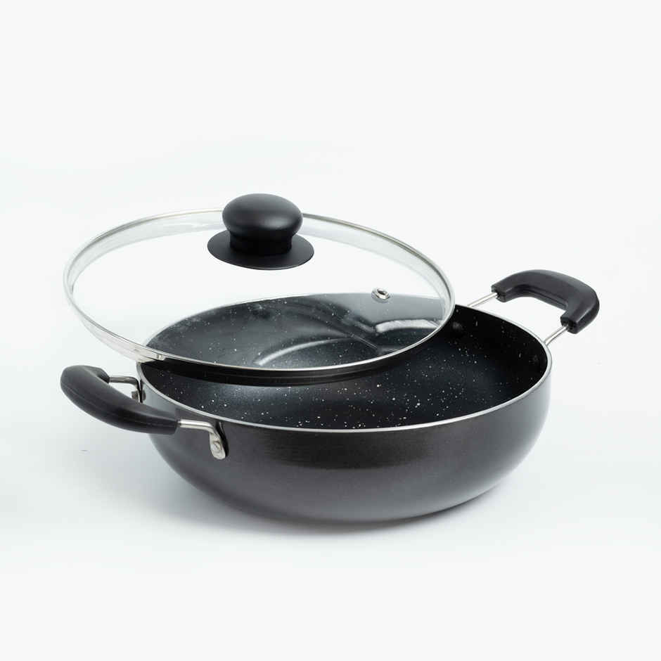BAY6 Nonstick Kadai | 24 cm | Grey | Glass Lid | Non-Induction